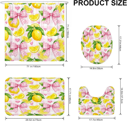 Lemon Shower Curtain Sets, Summer Fanciful Bow Leaf Summer Yellow Polyester Waterproof Bathroom Bathtub Shower Curtain Sets with Rugs Decorative for Toile Guest Room 72x72 Inch