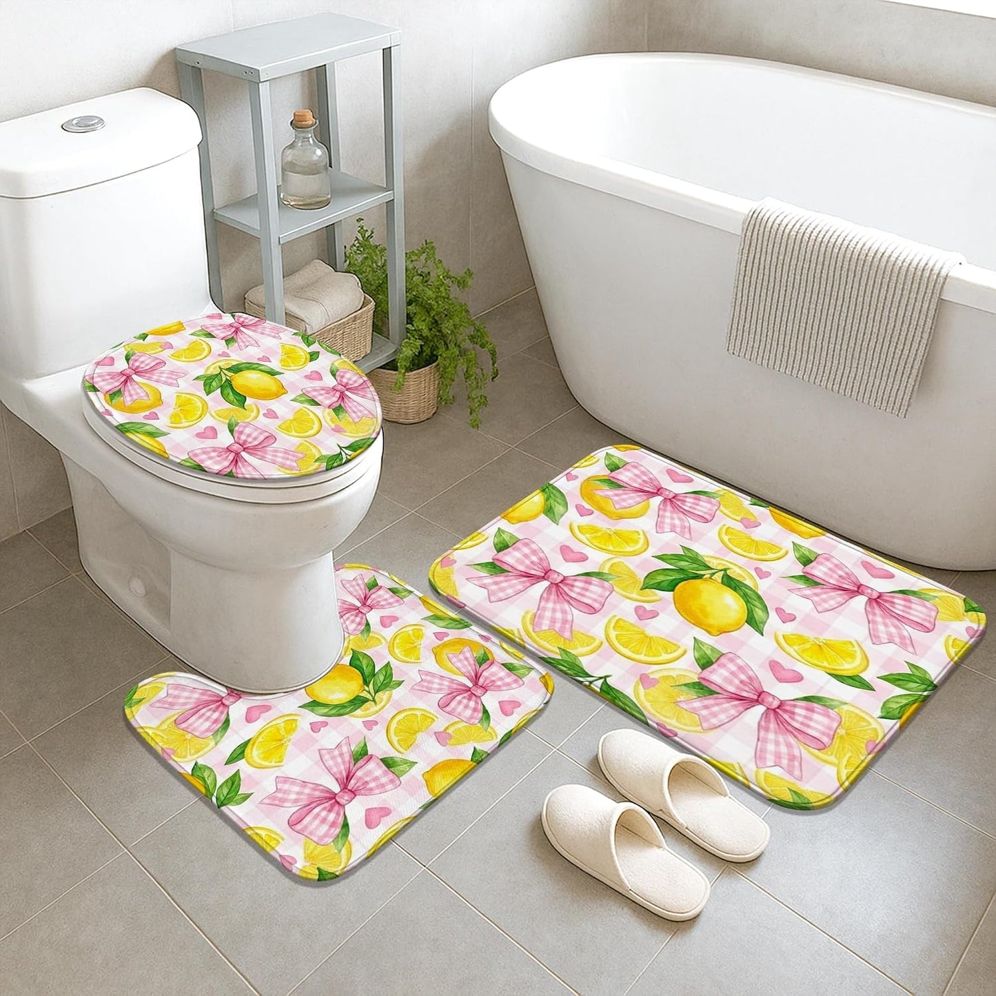 Lemon Shower Curtain Sets, Summer Fanciful Bow Leaf Summer Yellow Polyester Waterproof Bathroom Bathtub Shower Curtain Sets with Rugs Decorative for Toile Guest Room 72x72 Inch