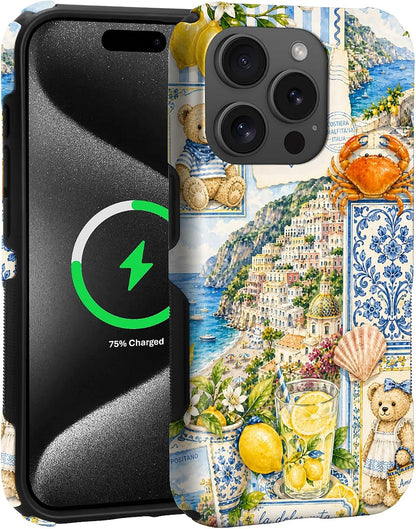 for iPhone 15 Pro Case,Dual‑Layer Compatible with MagSafe,Anti‑Slip Edge Protection,Shockproof Phone Case,Talian Coastal Summer Lemon Aesthetic