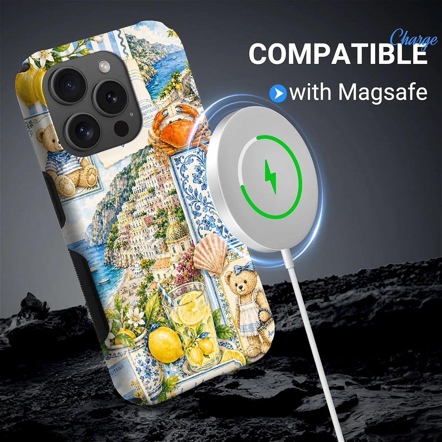 for iPhone 15 Pro Case,Dual‑Layer Compatible with MagSafe,Anti‑Slip Edge Protection,Shockproof Phone Case,Talian Coastal Summer Lemon Aesthetic