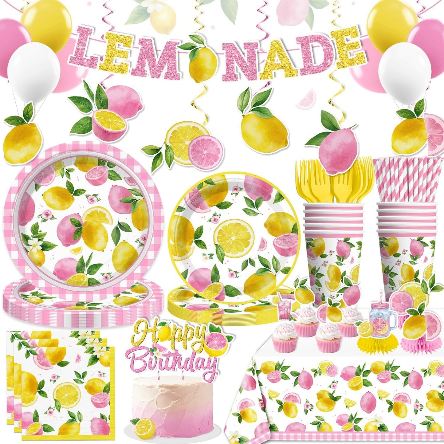 205pcs Pink Lemonade Party Decorations-Serves 25, All-in-one Lemon Party Decorations with 350gsm Plate , Cake Topper, Tablecloth, Centerpiece, Banner, Balloon