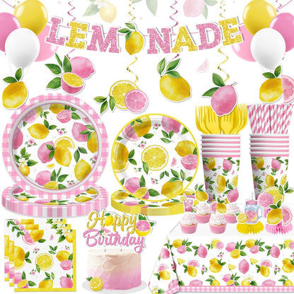 205pcs Pink Lemonade Party Decorations-Serves 25, All-in-one Lemon Party Decorations with 350gsm Plate , Cake Topper, Tablecloth, Centerpiece, Banner, Balloon