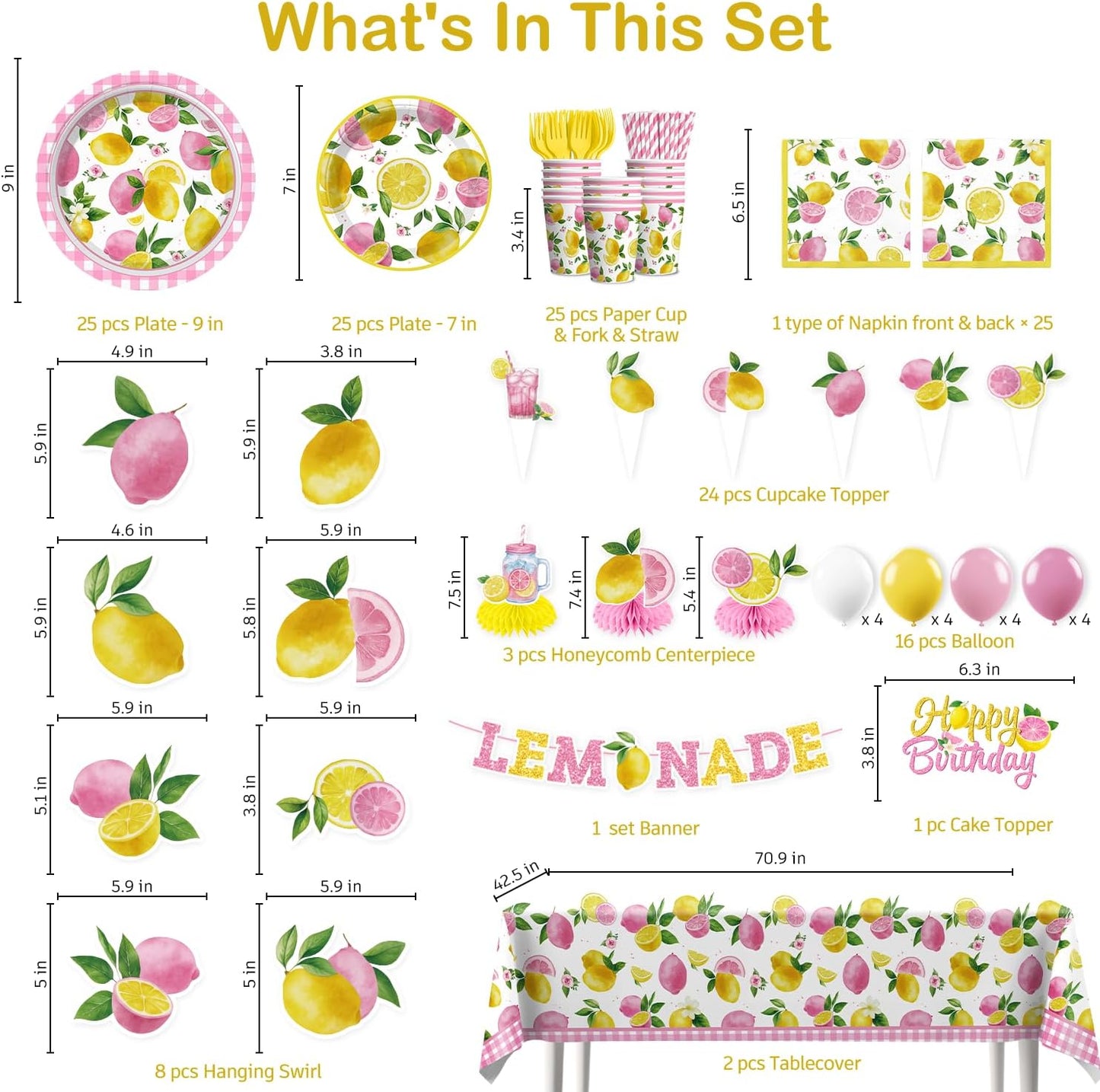 205pcs Pink Lemonade Party Decorations-Serves 25, All-in-one Lemon Party Decorations with 350gsm Plate , Cake Topper, Tablecloth, Centerpiece, Banner, Balloon