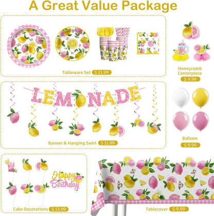205pcs Pink Lemonade Party Decorations-Serves 25, All-in-one Lemon Party Decorations with 350gsm Plate , Cake Topper, Tablecloth, Centerpiece, Banner, Balloon