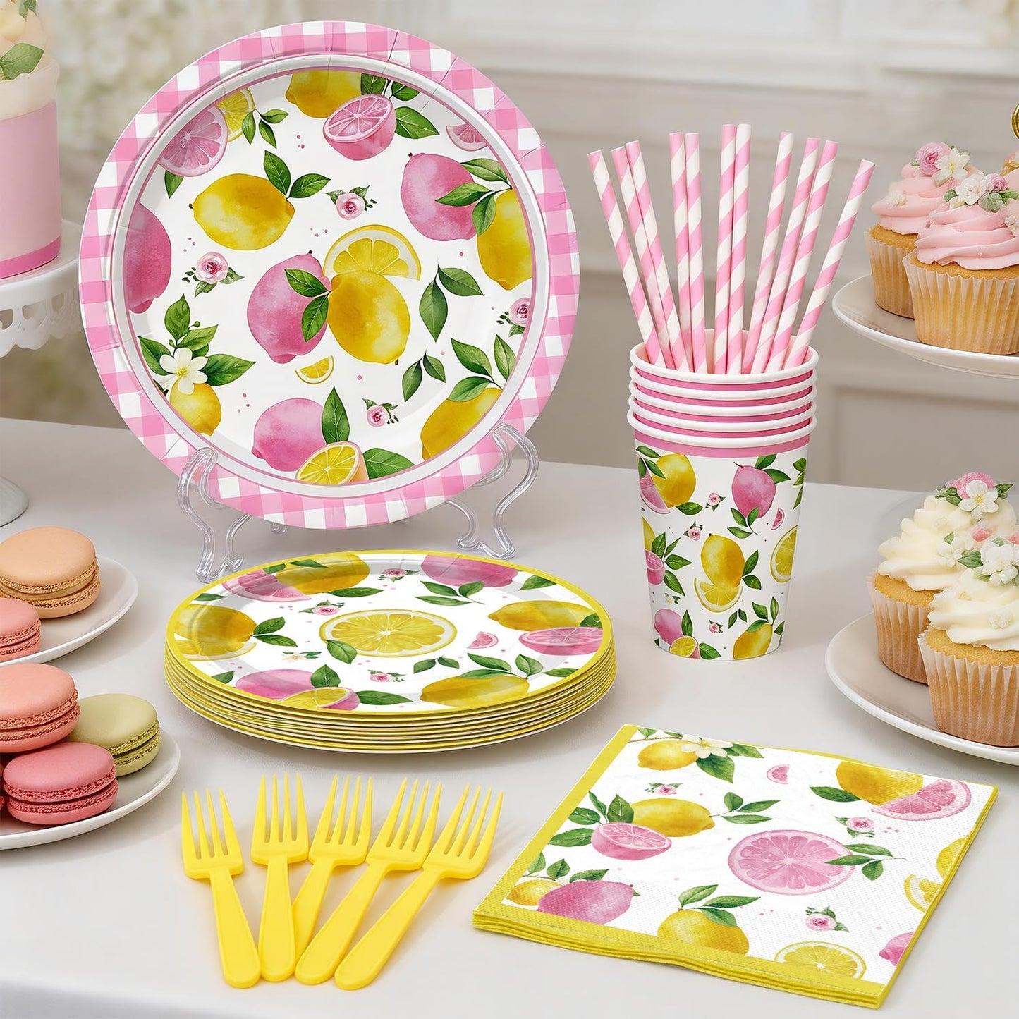 205pcs Pink Lemonade Party Decorations-Serves 25, All-in-one Lemon Party Decorations with 350gsm Plate , Cake Topper, Tablecloth, Centerpiece, Banner, Balloon