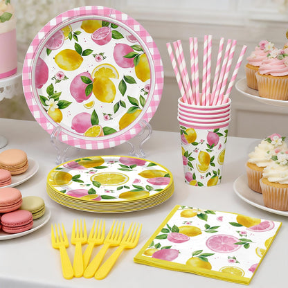 205pcs Pink Lemonade Party Decorations-Serves 25, All-in-one Lemon Party Decorations with 350gsm Plate , Cake Topper, Tablecloth, Centerpiece, Banner, Balloon