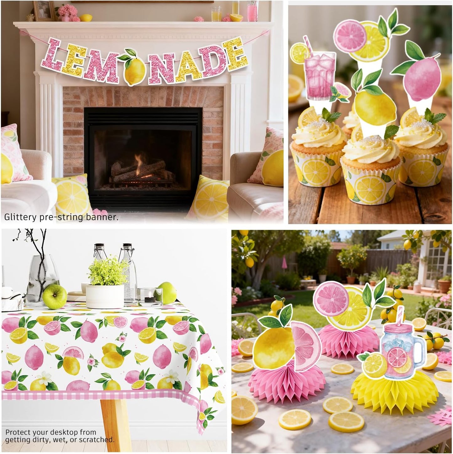 205pcs Pink Lemonade Party Decorations-Serves 25, All-in-one Lemon Party Decorations with 350gsm Plate , Cake Topper, Tablecloth, Centerpiece, Banner, Balloon