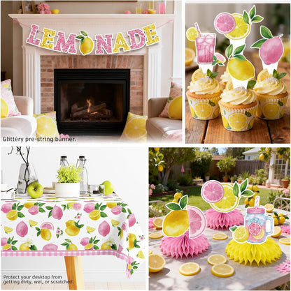 205pcs Pink Lemonade Party Decorations-Serves 25, All-in-one Lemon Party Decorations with 350gsm Plate , Cake Topper, Tablecloth, Centerpiece, Banner, Balloon