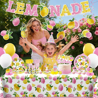 205pcs Pink Lemonade Party Decorations-Serves 25, All-in-one Lemon Party Decorations with 350gsm Plate , Cake Topper, Tablecloth, Centerpiece, Banner, Balloon