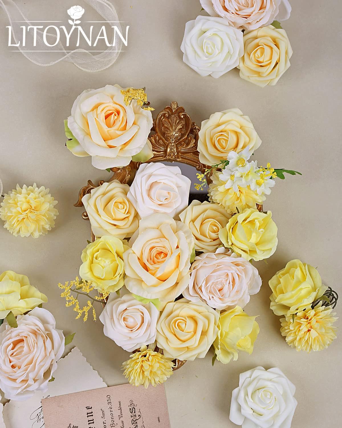 Artificial Flower Combo Flowers Exquisite Yellow Flower Box Set for DIY Bouquets Centerpieces Floral Arrangements, Multi Use Wedding Party Home Decorations Faux Flowers（Yellow & Peach ）