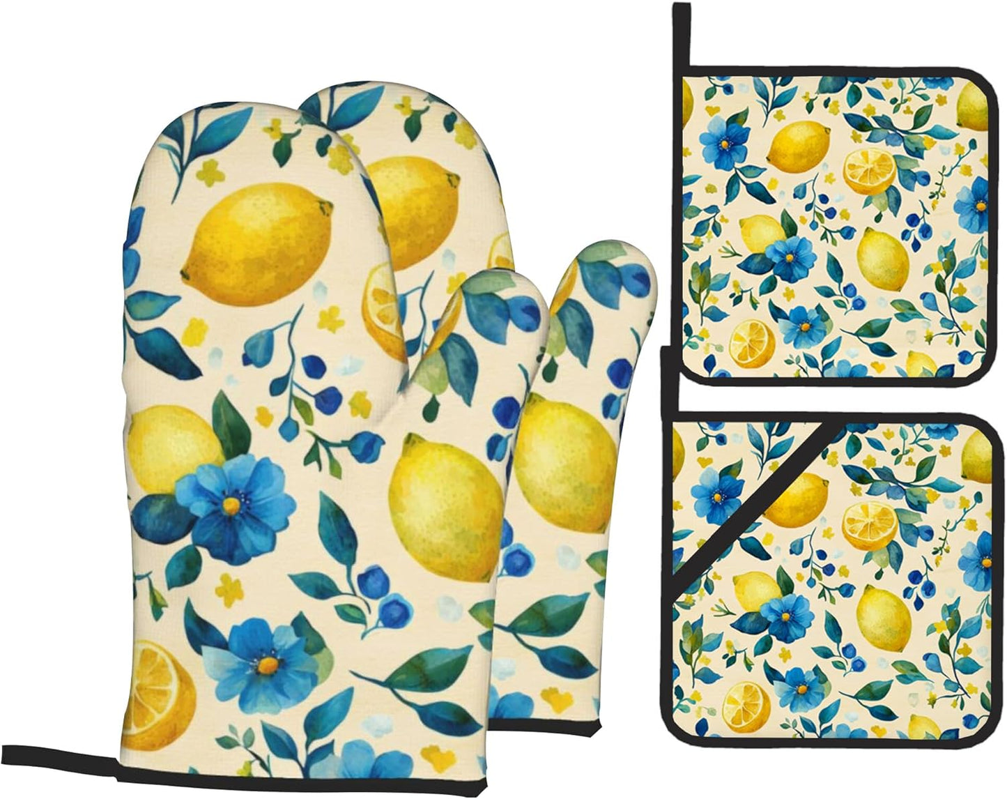 Oven Mitts and Hot Pads Set - Lemon Yellow Design, Heat Resistant Cute Pot Holders for Kitchen, Baking Gifts for Women