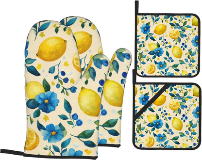 Oven Mitts and Hot Pads Set - Lemon Yellow Design, Heat Resistant Cute Pot Holders for Kitchen, Baking Gifts for Women