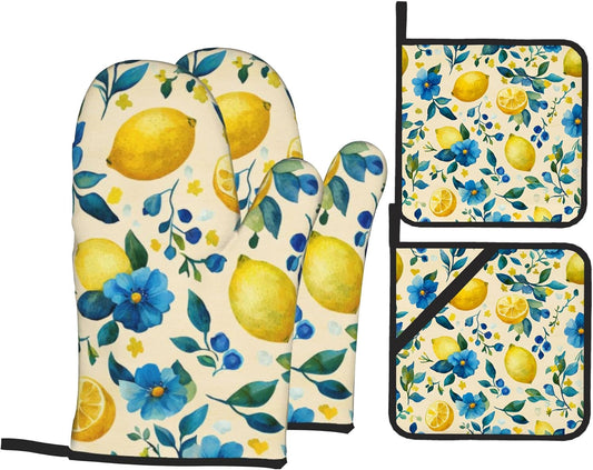 Oven Mitts and Hot Pads Set - Lemon Yellow Design, Heat Resistant Cute Pot Holders for Kitchen, Baking Gifts for Women