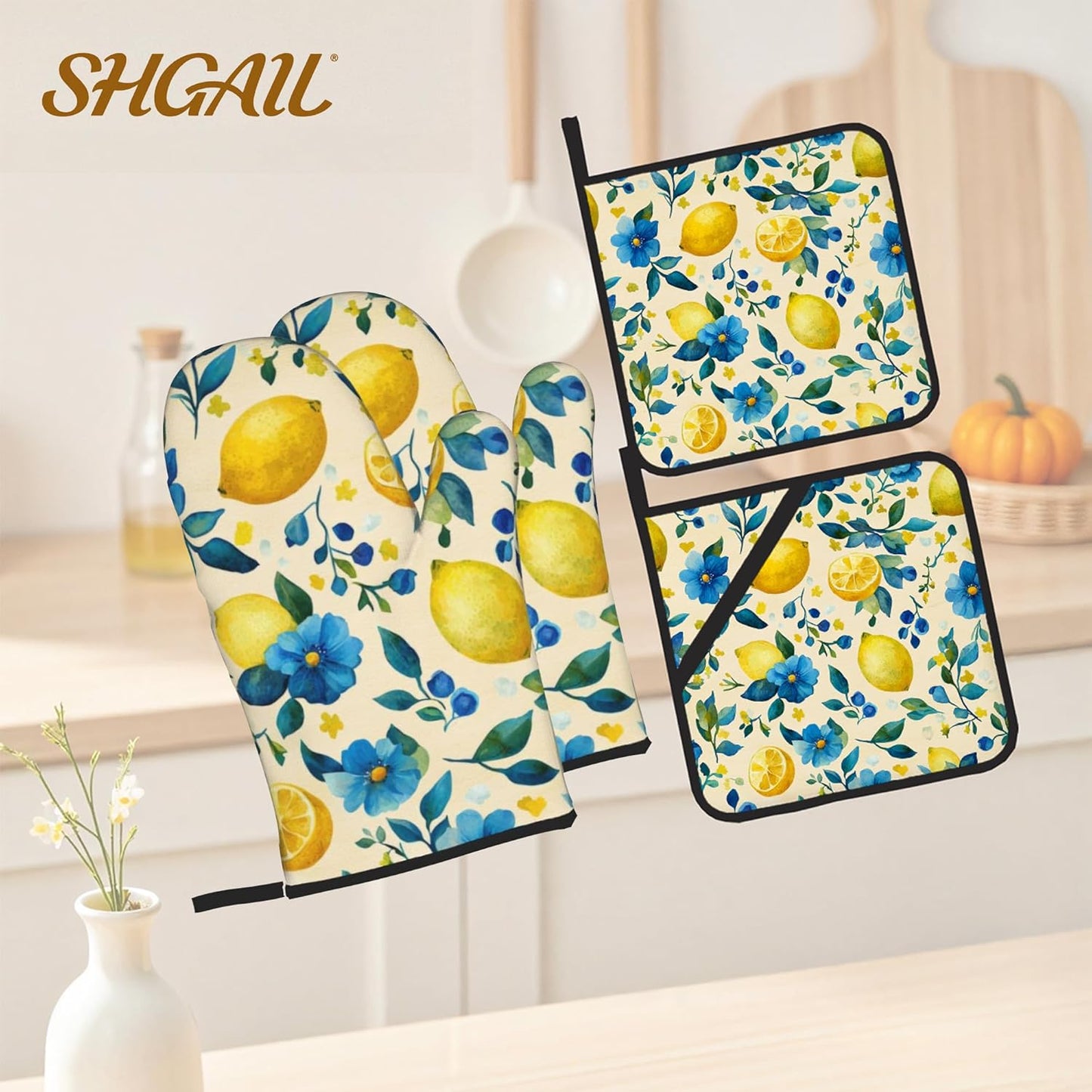Oven Mitts and Hot Pads Set - Lemon Yellow Design, Heat Resistant Cute Pot Holders for Kitchen, Baking Gifts for Women