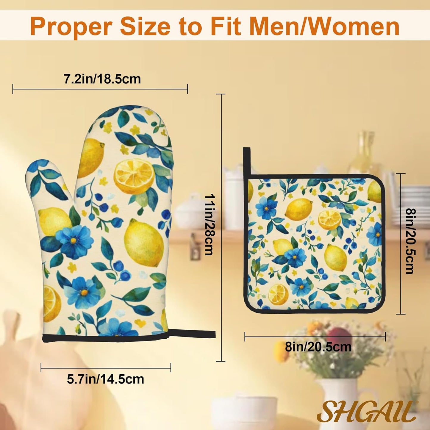 Oven Mitts and Hot Pads Set - Lemon Yellow Design, Heat Resistant Cute Pot Holders for Kitchen, Baking Gifts for Women