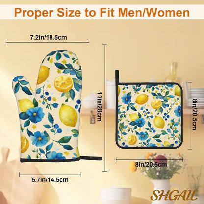 Oven Mitts and Hot Pads Set - Lemon Yellow Design, Heat Resistant Cute Pot Holders for Kitchen, Baking Gifts for Women