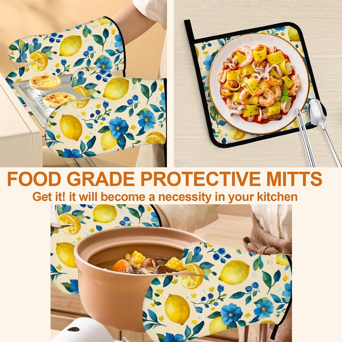 Oven Mitts and Hot Pads Set - Lemon Yellow Design, Heat Resistant Cute Pot Holders for Kitchen, Baking Gifts for Women
