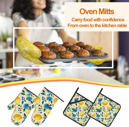 Oven Mitts and Hot Pads Set - Lemon Yellow Design, Heat Resistant Cute Pot Holders for Kitchen, Baking Gifts for Women