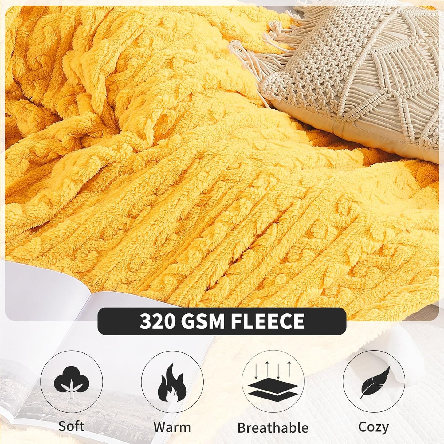 FY FIBER HOUSE Sherpa Blanket - 3D Pattern Design Yellow Throw Blanket for Sofa Couch, Bed, Warm Super Soft Cozy Microfiber Fleece Blanket for Living Room, Throw 50”x60”