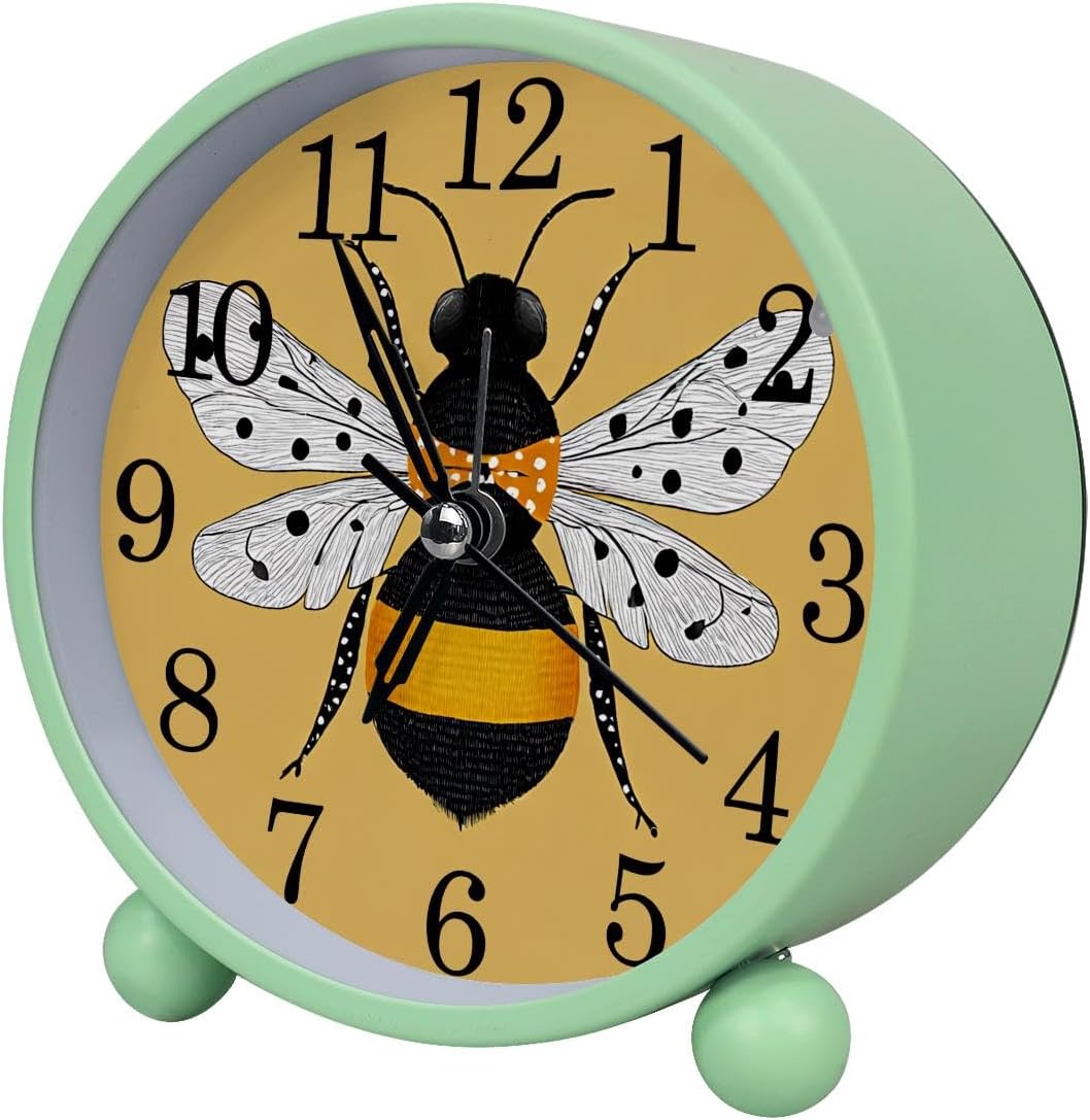 Yellow Bee Analog Alarm Clock, 4.3 Inches Super Silent Non Ticking Small Clock with Night Light, Battery Operated, Cute Round Desk Alarm Clock for Bedroom, Bedside Decor(Green)