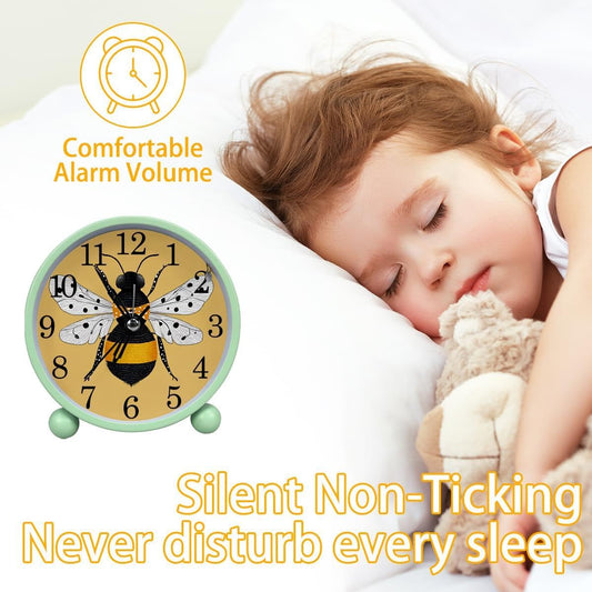 Yellow Bee Analog Alarm Clock, 4.3 Inches Super Silent Non Ticking Small Clock with Night Light, Battery Operated, Cute Round Desk Alarm Clock for Bedroom, Bedside Decor(Green)