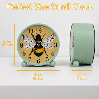 Yellow Bee Analog Alarm Clock, 4.3 Inches Super Silent Non Ticking Small Clock with Night Light, Battery Operated, Cute Round Desk Alarm Clock for Bedroom, Bedside Decor(Green)