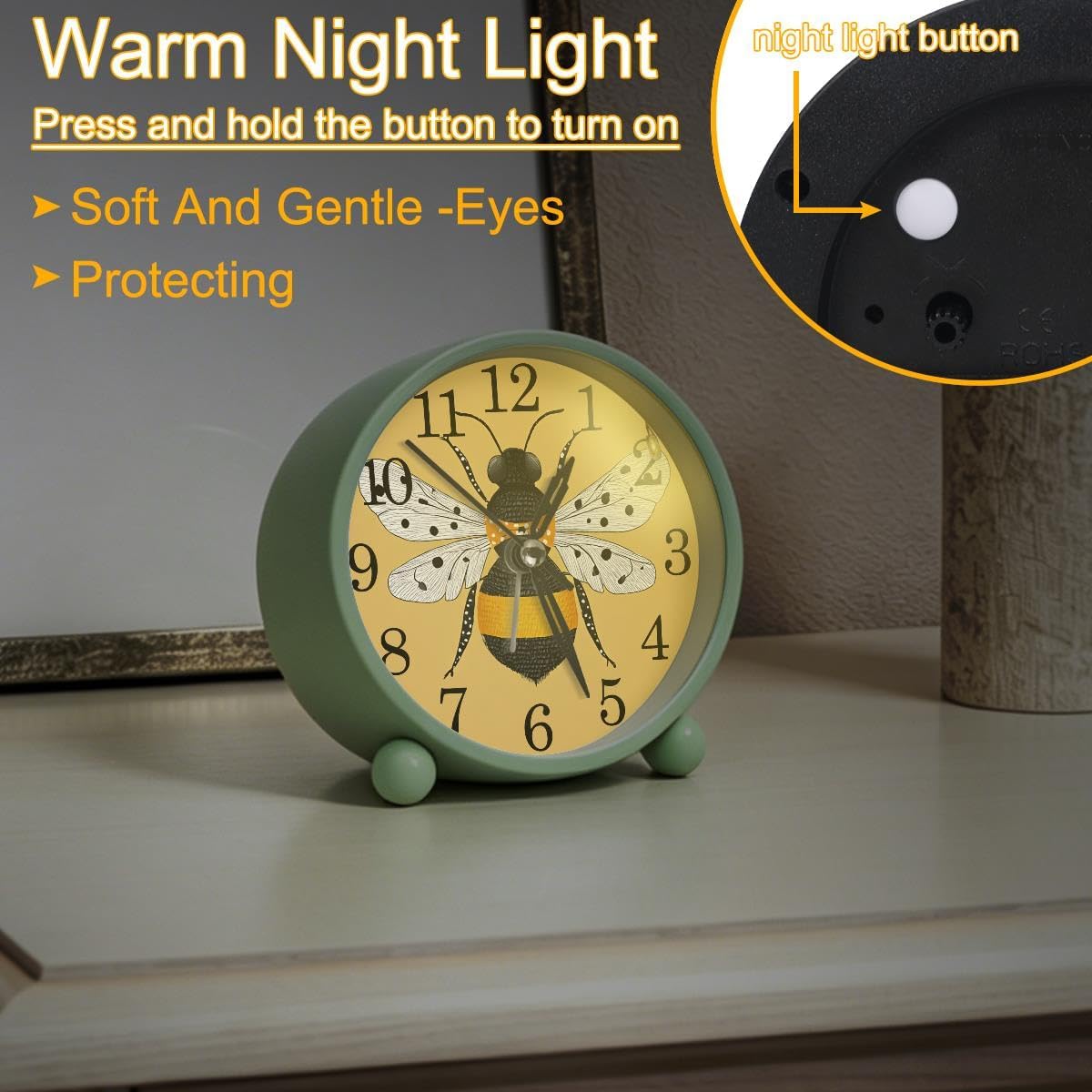 Yellow Bee Analog Alarm Clock, 4.3 Inches Super Silent Non Ticking Small Clock with Night Light, Battery Operated, Cute Round Desk Alarm Clock for Bedroom, Bedside Decor(Green)