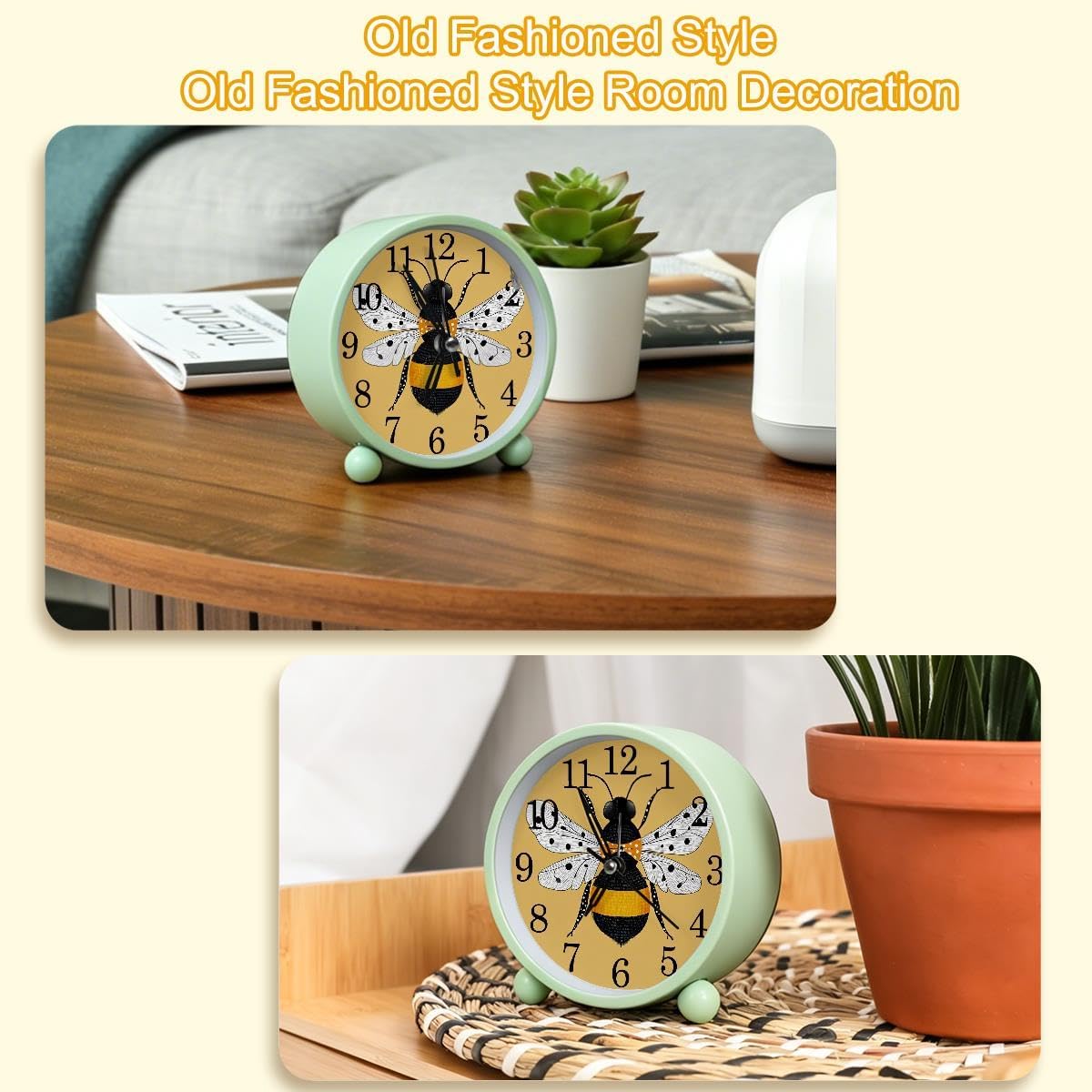 Yellow Bee Analog Alarm Clock, 4.3 Inches Super Silent Non Ticking Small Clock with Night Light, Battery Operated, Cute Round Desk Alarm Clock for Bedroom, Bedside Decor(Green)