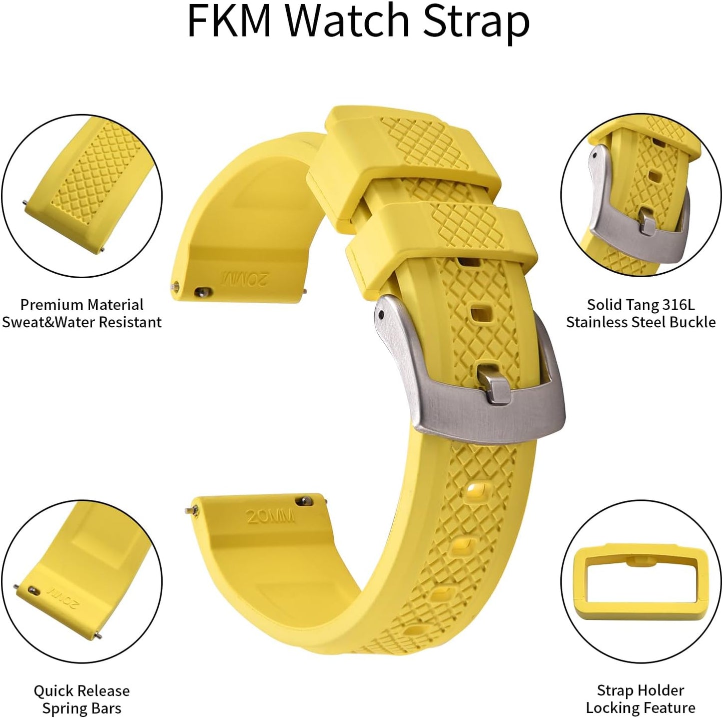 Fluorine Rubber FKM/FPM Watch Band - 20mm 22mm Quick Release Soft Diving Strap for Men Women