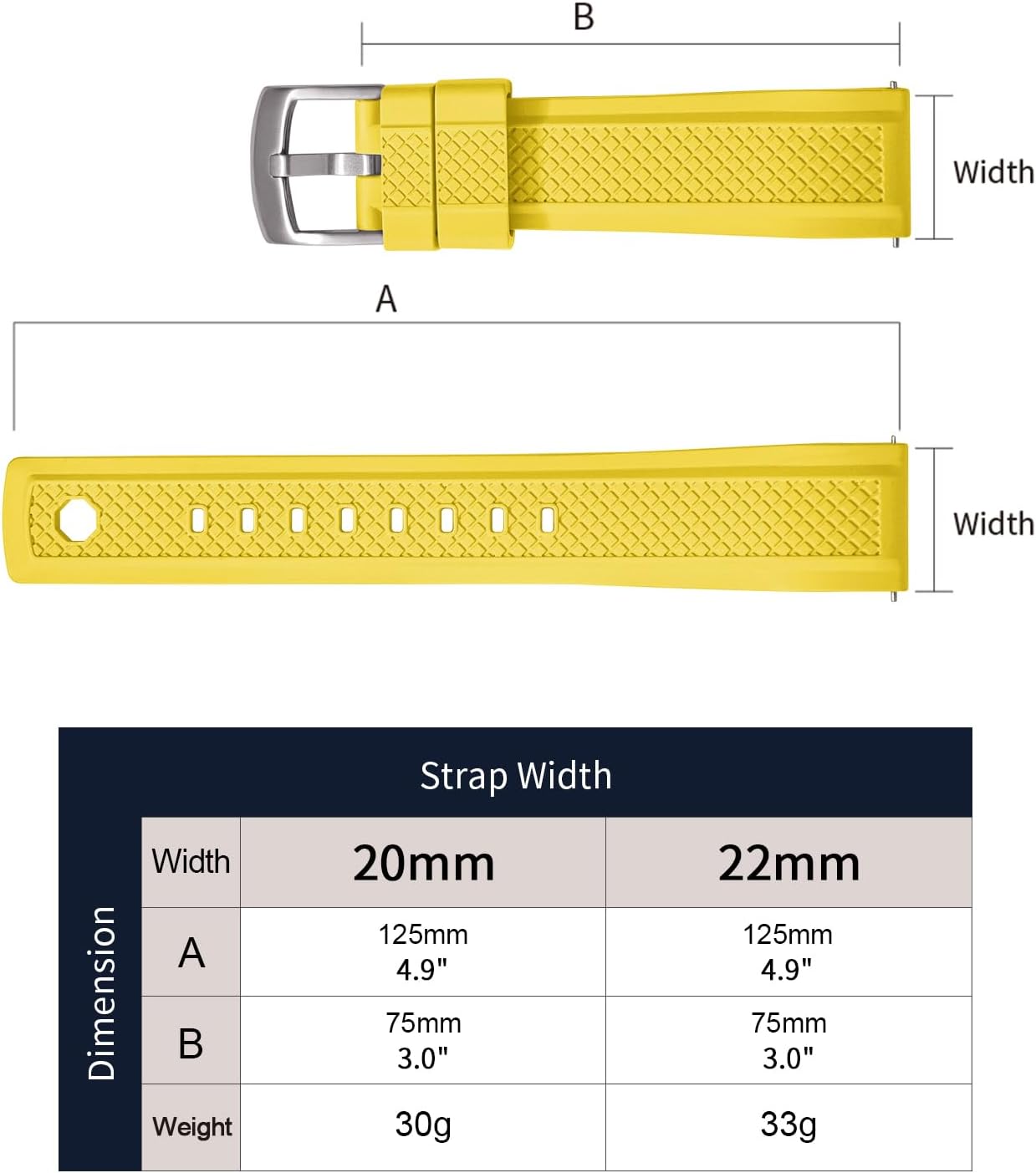 Fluorine Rubber FKM/FPM Watch Band - 20mm 22mm Quick Release Soft Diving Strap for Men Women