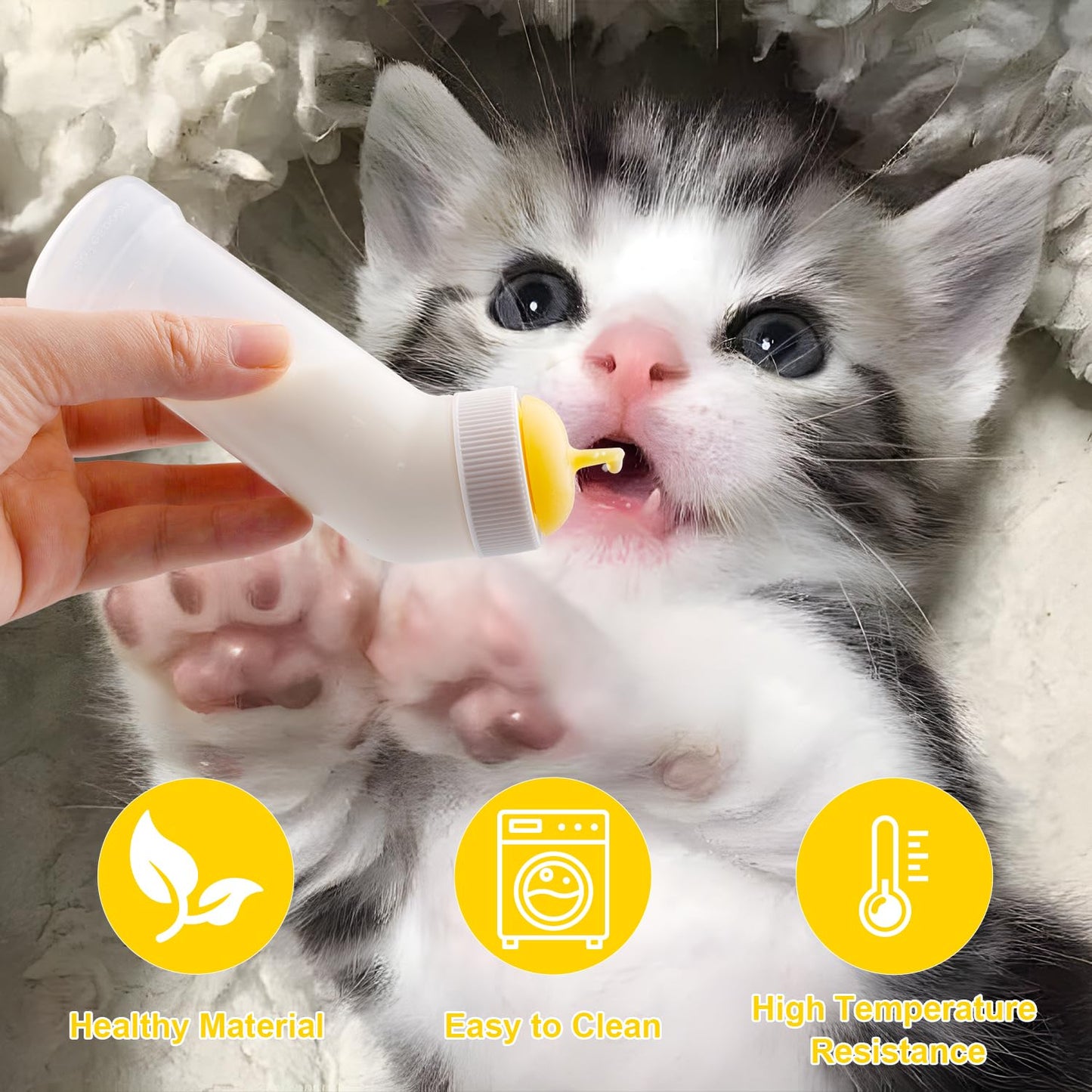 Pet Nursing Bottle for Newborn Animals,Kitten Bottle Feeding Kit Silicone Nipple for Kittens Puppys Rabbits Squirrel (Yellow, Small)