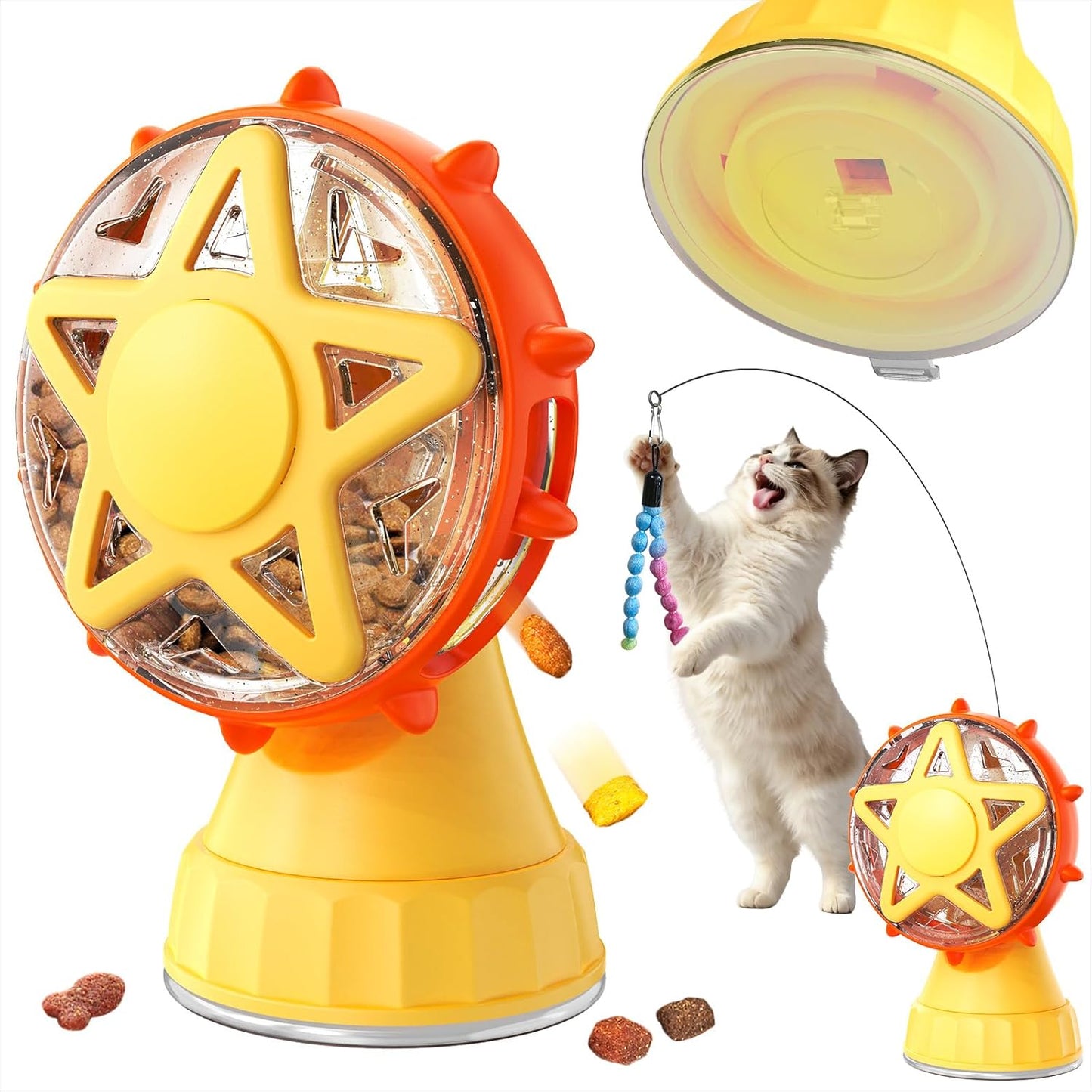 Interactive Cat Treat Dispenser, 2-in-1 Slow Feeder & Wand, Yellow | Boredom Buster, Mental Stimulation, Puzzle Toy, Adjustable Slow Feeder, Suction Cup, Enrichment, Indoor Cats & Small Dogs