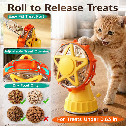 Interactive Cat Treat Dispenser, 2-in-1 Slow Feeder & Wand, Yellow | Boredom Buster, Mental Stimulation, Puzzle Toy, Adjustable Slow Feeder, Suction Cup, Enrichment, Indoor Cats & Small Dogs