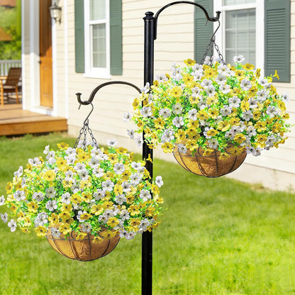 2 Pack Artfiticial Hanging Flowers Baskets for Outdoors, UV Resistant Faux Hanging Plants, 24 Pcs Fake Silk Flowers for Patio Garden Front Porch Balcony Decor (Yellow White)