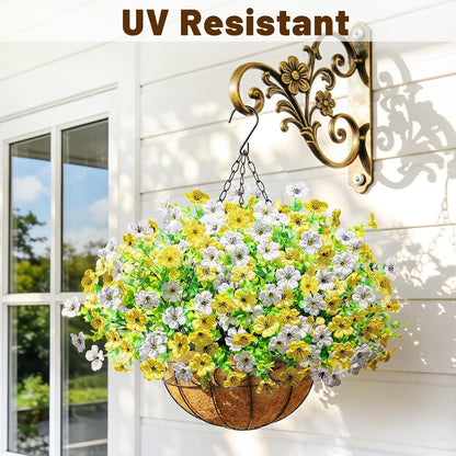 2 Pack Artfiticial Hanging Flowers Baskets for Outdoors, UV Resistant Faux Hanging Plants, 24 Pcs Fake Silk Flowers for Patio Garden Front Porch Balcony Decor (Yellow White)