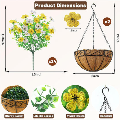 2 Pack Artfiticial Hanging Flowers Baskets for Outdoors, UV Resistant Faux Hanging Plants, 24 Pcs Fake Silk Flowers for Patio Garden Front Porch Balcony Decor (Yellow White)