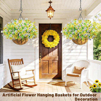 2 Pack Artfiticial Hanging Flowers Baskets for Outdoors, UV Resistant Faux Hanging Plants, 24 Pcs Fake Silk Flowers for Patio Garden Front Porch Balcony Decor (Yellow White)