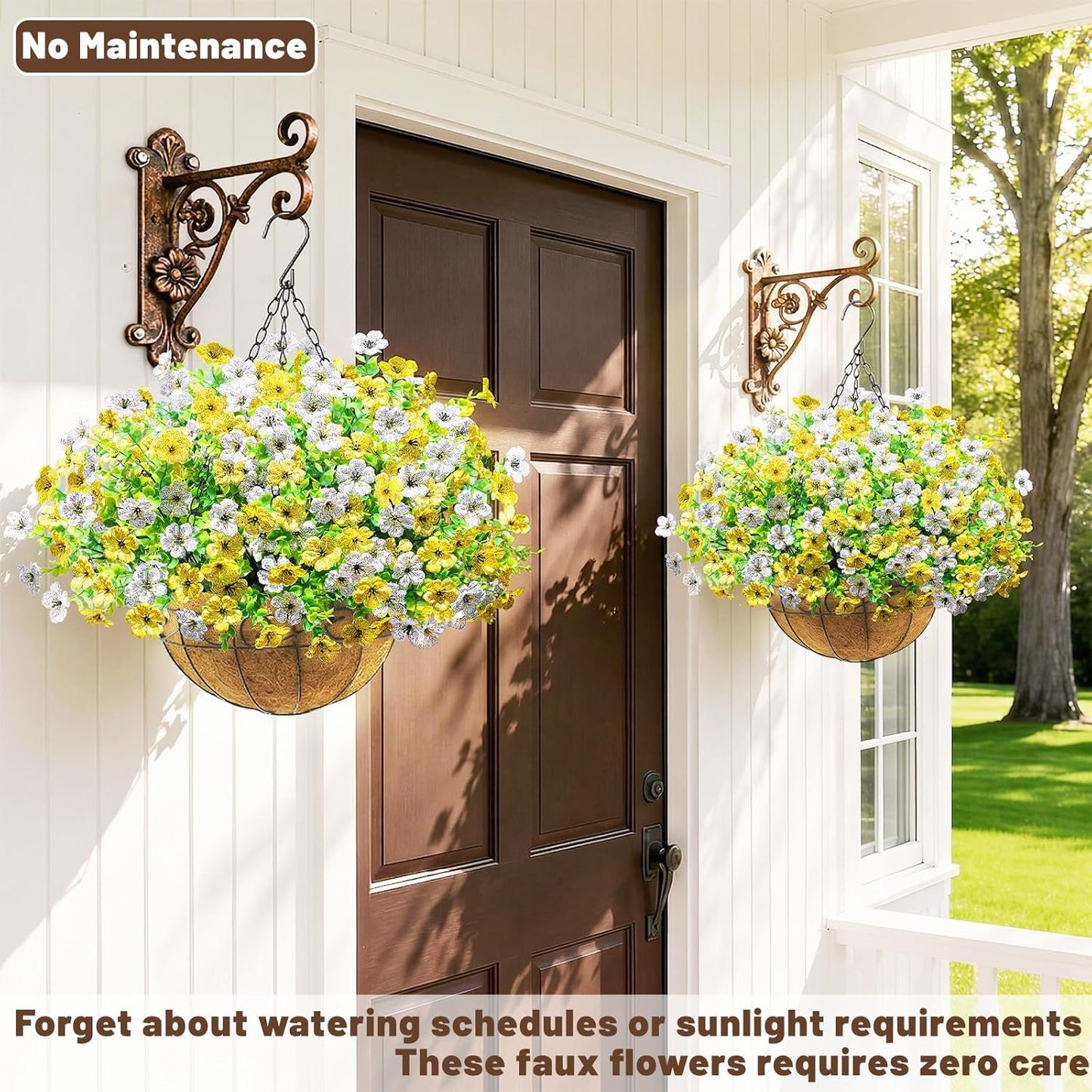 2 Pack Artfiticial Hanging Flowers Baskets for Outdoors, UV Resistant Faux Hanging Plants, 24 Pcs Fake Silk Flowers for Patio Garden Front Porch Balcony Decor (Yellow White)
