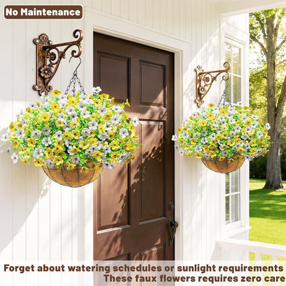 2 Pack Artfiticial Hanging Flowers Baskets for Outdoors, UV Resistant Faux Hanging Plants, 24 Pcs Fake Silk Flowers for Patio Garden Front Porch Balcony Decor (Yellow White)