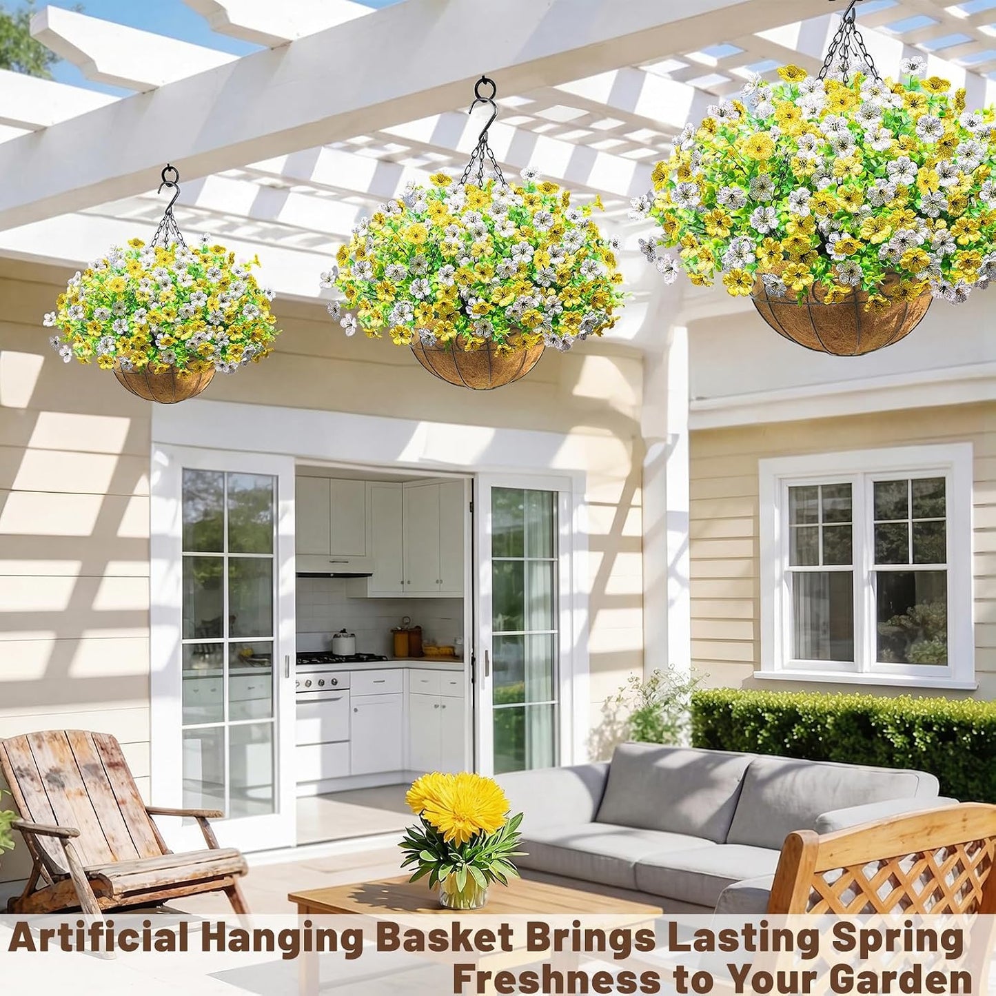 2 Pack Artfiticial Hanging Flowers Baskets for Outdoors, UV Resistant Faux Hanging Plants, 24 Pcs Fake Silk Flowers for Patio Garden Front Porch Balcony Decor (Yellow White)