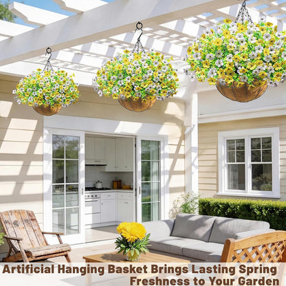 2 Pack Artfiticial Hanging Flowers Baskets for Outdoors, UV Resistant Faux Hanging Plants, 24 Pcs Fake Silk Flowers for Patio Garden Front Porch Balcony Decor (Yellow White)