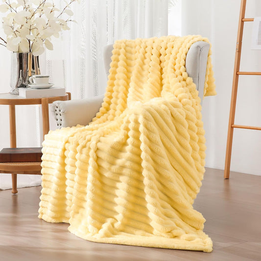 Flannel Fleece Throw Blanket for Couch,Sofa,Bed, 300GSM Striped Light Yellow Throw Blanket for Adults and Kids, Super Soft Warm Cozy Lightweight Home Decor for All-Season(50x70inch)
