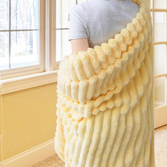 Flannel Fleece Throw Blanket for Couch,Sofa,Bed, 300GSM Striped Light Yellow Throw Blanket for Adults and Kids, Super Soft Warm Cozy Lightweight Home Decor for All-Season(50x70inch)