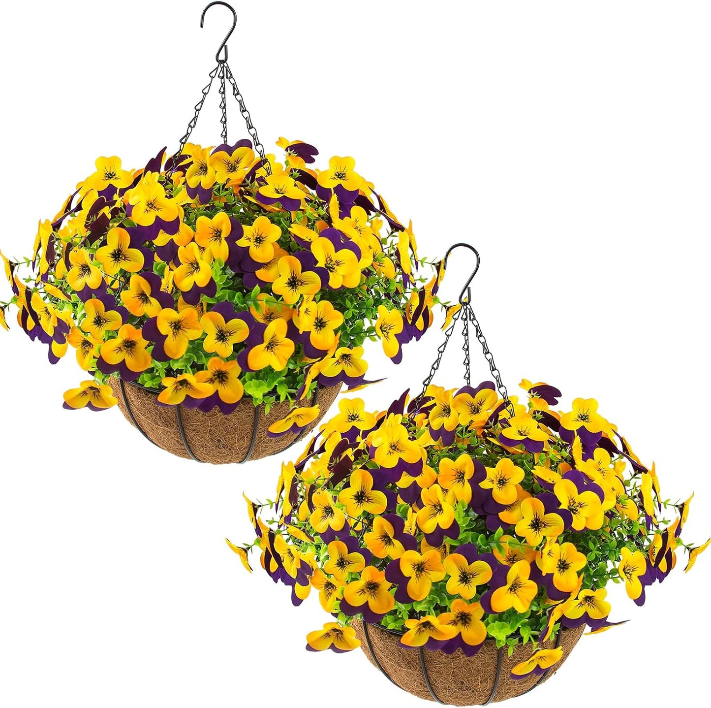 2 Set Artificial Outdoor Pansies Flowers with Hanging Baskets, 2 Hanging Planters with 24 Pcs Silk Pansy Flowers for Spring Easter Decorations Porch Patio Home Decor (2, Purple, Yellow)