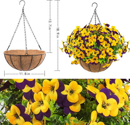 2 Set Artificial Outdoor Pansies Flowers with Hanging Baskets, 2 Hanging Planters with 24 Pcs Silk Pansy Flowers for Spring Easter Decorations Porch Patio Home Decor (2, Purple, Yellow)
