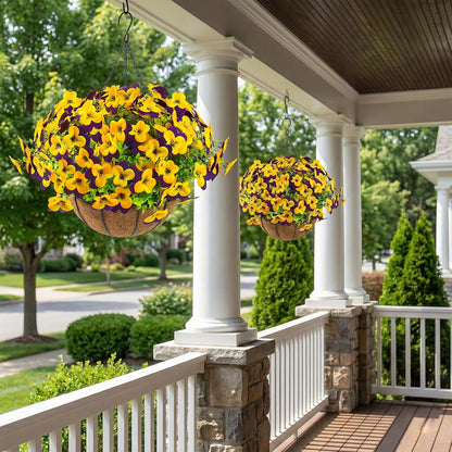 2 Set Artificial Outdoor Pansies Flowers with Hanging Baskets, 2 Hanging Planters with 24 Pcs Silk Pansy Flowers for Spring Easter Decorations Porch Patio Home Decor (2, Purple, Yellow)