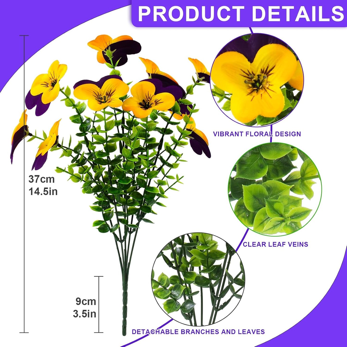 2 Set Artificial Outdoor Pansies Flowers with Hanging Baskets, 2 Hanging Planters with 24 Pcs Silk Pansy Flowers for Spring Easter Decorations Porch Patio Home Decor (2, Purple, Yellow)