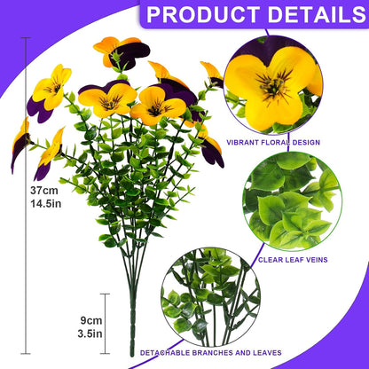 2 Set Artificial Outdoor Pansies Flowers with Hanging Baskets, 2 Hanging Planters with 24 Pcs Silk Pansy Flowers for Spring Easter Decorations Porch Patio Home Decor (2, Purple, Yellow)