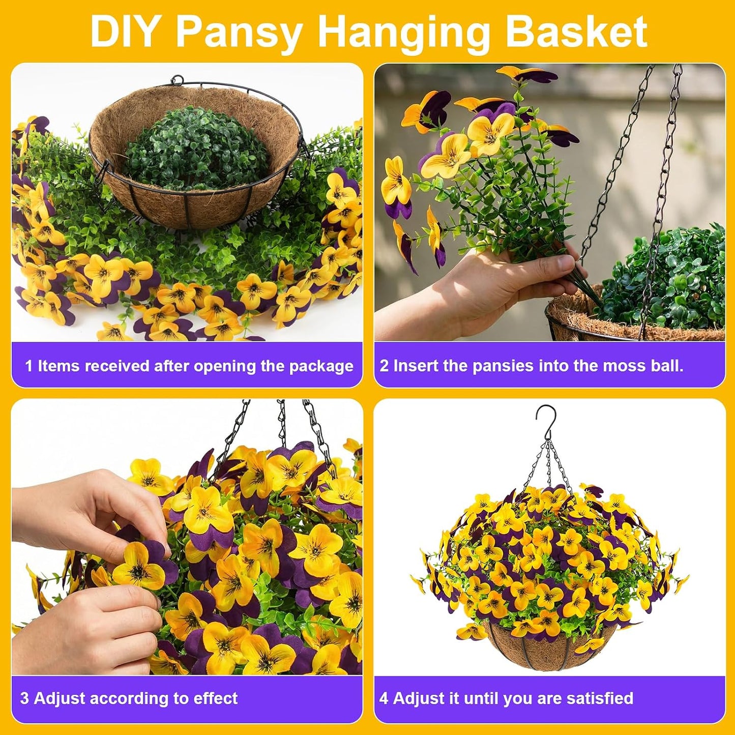 2 Set Artificial Outdoor Pansies Flowers with Hanging Baskets, 2 Hanging Planters with 24 Pcs Silk Pansy Flowers for Spring Easter Decorations Porch Patio Home Decor (2, Purple, Yellow)