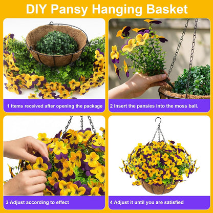 2 Set Artificial Outdoor Pansies Flowers with Hanging Baskets, 2 Hanging Planters with 24 Pcs Silk Pansy Flowers for Spring Easter Decorations Porch Patio Home Decor (2, Purple, Yellow)